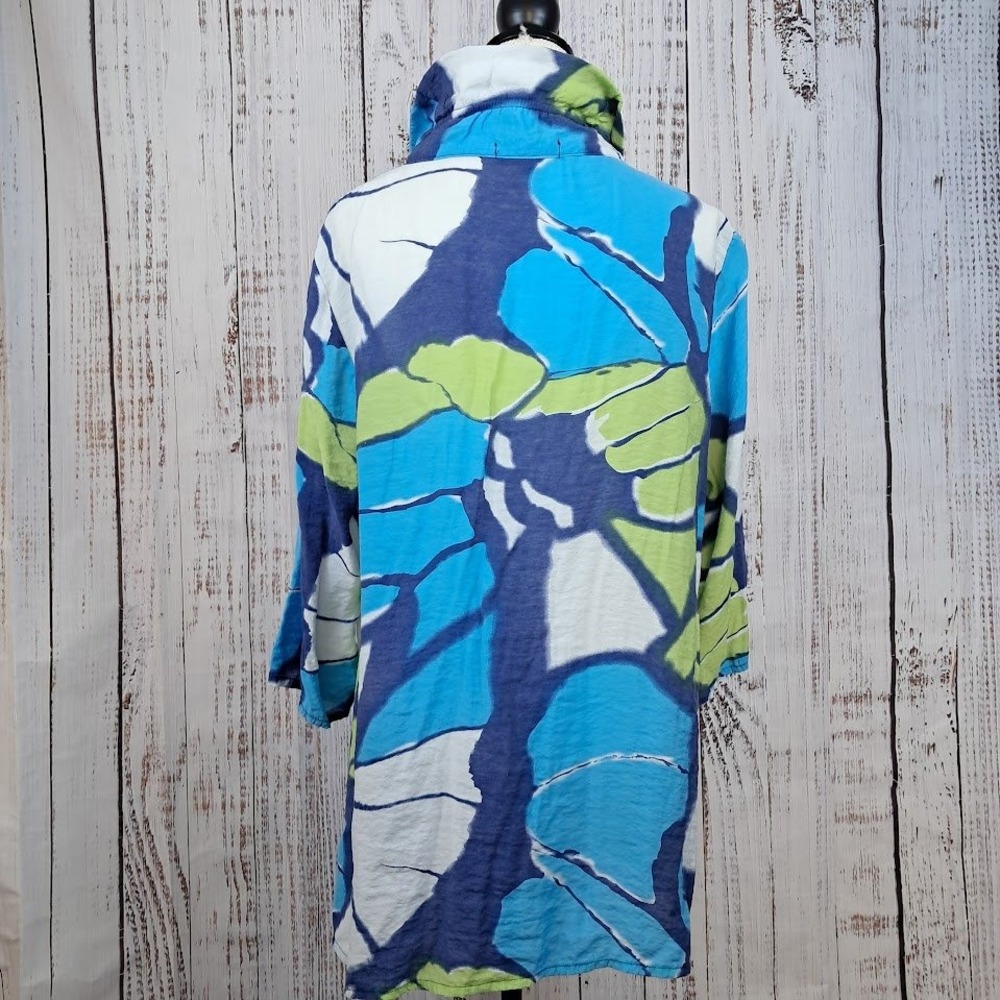 Yushi XL Blue Green Butterfly Wing Print Button Up Tunic Blouse Wired Collar Art - Picture 6 of 8